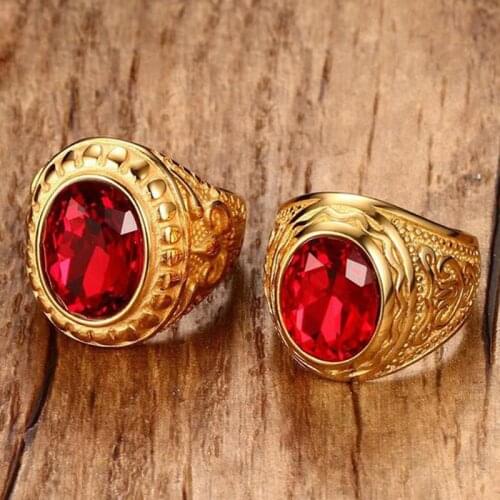 Mens Red Stone Ring Round Rhinestone Gold-Color Stainless Steel Fashiong Ring Utr8233