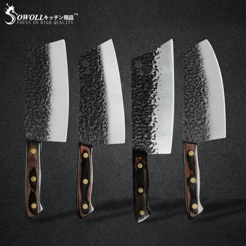 Sowoll 4pcs Cleaver Chopping Knife Set Forged Sword Stainless Steel Butcher Knife 7'' inch Full Tang Handle Knife Chef Cooking