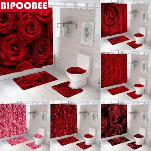 Red Rose Bathroom Non-slip Mat Set Durable Waterproof Shower Curtain flowers Pedestal Rug Lid Toilet Cover Bath Mats Rugs