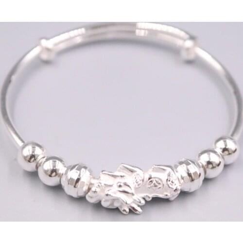 New Pure Solid 925 Sterling Silver Bracelet 11mm Pixiu And Six Beads Smooth Bangle