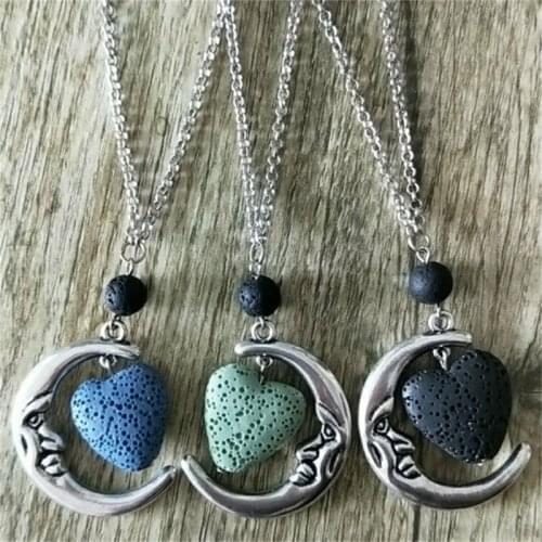 12 Colorful Heart Lava Stone Aroma Essential Oil Diffuser Necklace Aromatherapy Jewelry Black Volcanic Rock Stone Moon Necklace