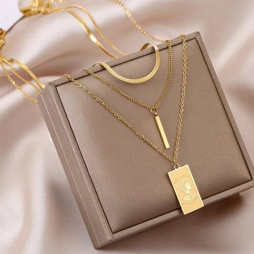 Multi-layer Gold Color Stainless Steel Bar Queen Elizabeth Portrait Pendant Snake Chains Necklace Collar Women Kpop Jewelry