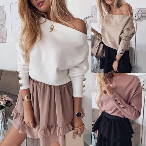 Stylish Women Autumn Long Sleeve One Shoulder Buttons Decor Cuff T-shirt Femme Sexy Off The Shoulder Long Sleeve Top