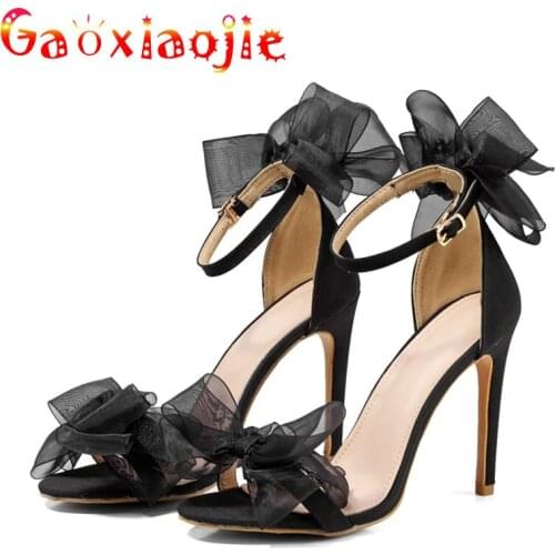 Super Sexy One Word Band Bow Sandal Black Cover Heel Decorate Lace Bowknot Partys Stilettos High-Quality Silk 11CM Women Shoes