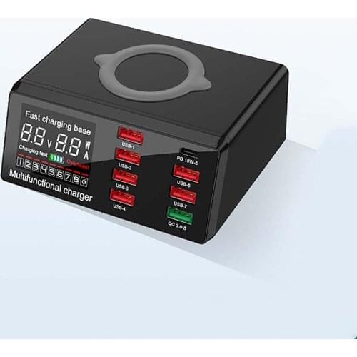 USB 8-port Wireless Display Multi-function Charger Smart Digital Display Wireless Fast Charging Base