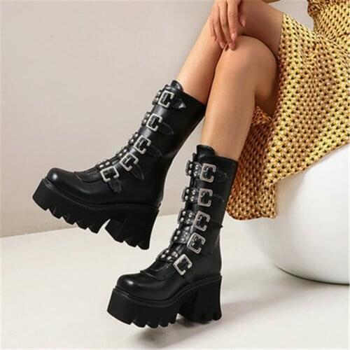 Winter Gothic Punk Women Platform Boots Black Buckle Strap Zipper Creeper Wedges Shoes Mid Calf Military Combat Boots Plus 35-43