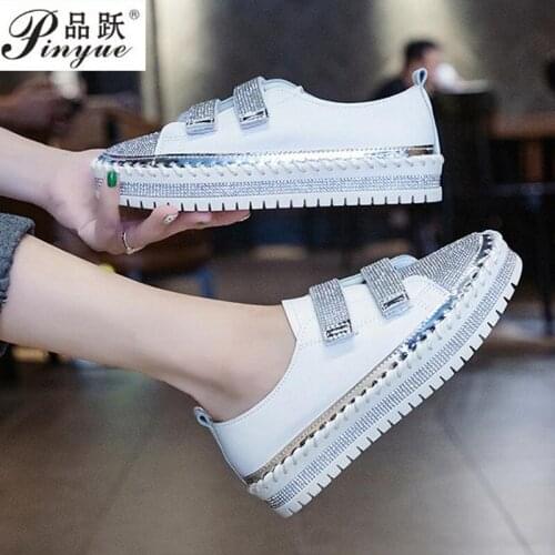 Crystal Leather sneakers Shoes Woman platform Flats Ladies white Walking shoes