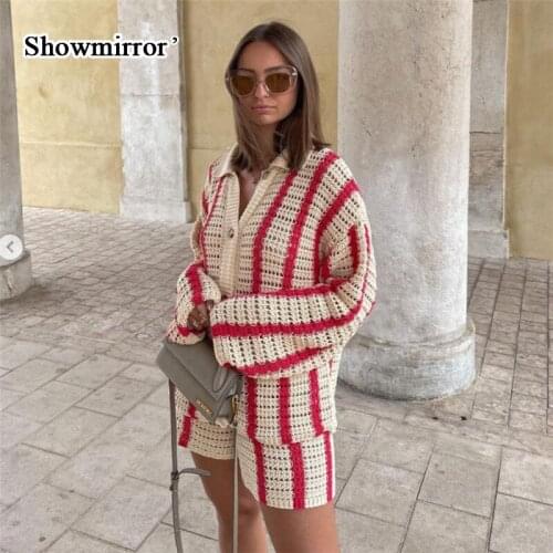 Showmirror Cardigan Y2k Hollow Out Two Piece Set Striped Knitted Women Casual Loose Single Button Lapel Sweater Top Sexy Shorts