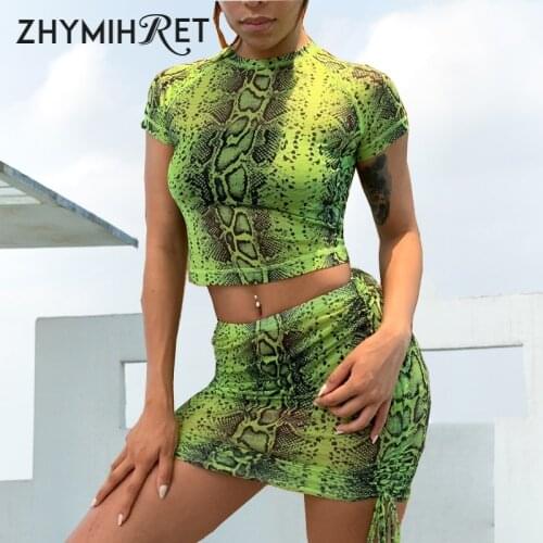 ZHYMIHRET 2019 Mesh Snake Print Two Piece Set Summer Dress For Women Short Sleeve Ruched Plus Size Dress Sexy Vestidos De Verano