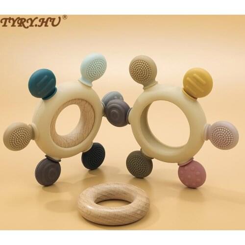 TYRY.HU New Silicone Teether Customized Make Wooden Teether Ring Baby Gift Set Silicone Baby Teether