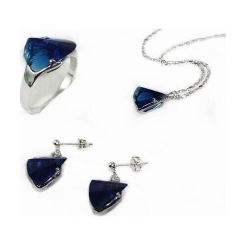 3 colors wholesale christmas gift blue/red/pink crystal ring(7.8.9) stud earrings chain pendant jewelry set