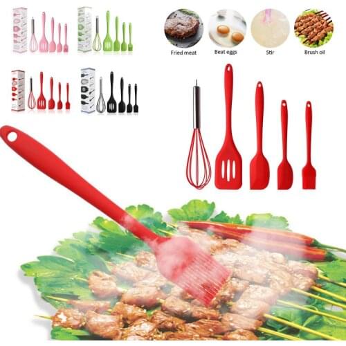 5 Pcs Silicone Cooking Utensils Set Egg Beater Spatula Slotted Turner Non-Stick Cooking Utensils Baking Kitchen Tools Green Pink