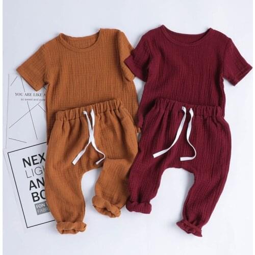 Cotton Linen Casual Toddler Baby Girls Boys Clothes Set Solid Tops T-Shirts+Pants 2pcs Kids Children Outfits Summer Home Clothes