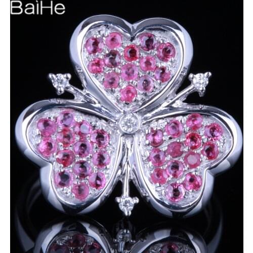 BAIHE Sterling Silver 925 1.1CT H/SI3 Round Diamonds Genuine Rubies Engagement Women Cute/Romantic Fine Jewelry Clover Ruby Ring