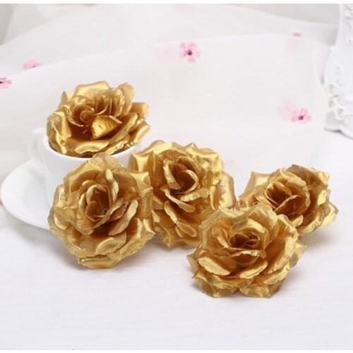 100 pcs) 8cm Gold Mini Artificial Rose Silk Flower Heads Handmade DIY Scrapbooking Garland Fake Flower For Wedding Decorative