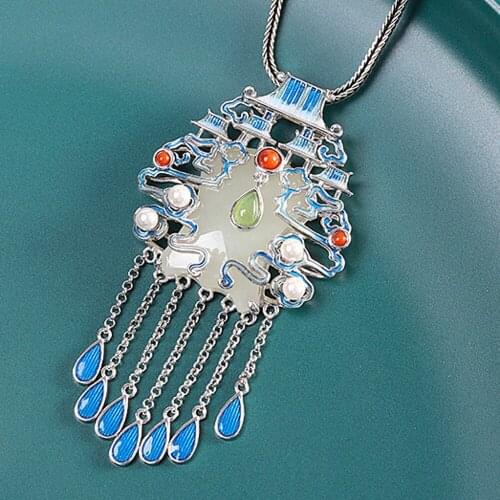 Fashion New real S925 pure Silver Gold Plated Cloisonne Burning Blue Pendant for Woman Inlaid Hetian Jade Tassel Woman Pendant