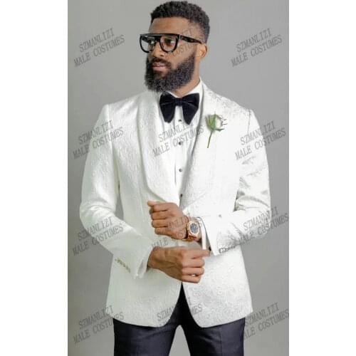 2021 New Design Custom Made White Jacquard Groomsman Men Suit For Party Prom 2 Piece Groom Wedding Suits Shawl Lapel Mens Tuxedo