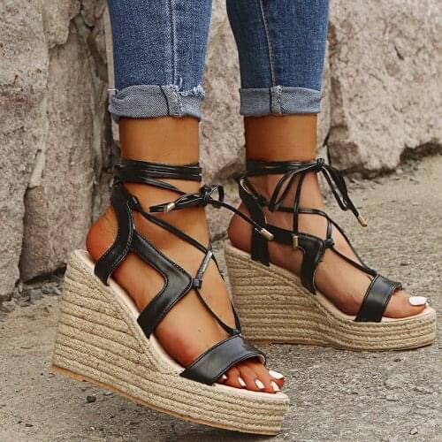2020 New Summer Retro High Wedges Heel Sandals Women Open-toe Sandals Solid Color Sandals Ladies Shoes Wild Casual Slippers