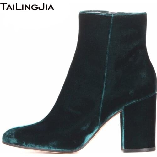 2018 New Fashion Velvet Ankle Boots For Women Round Toe Chunky Heel Zipper Booties Evening Dress Shoes Comfort Shoes Plus Size
