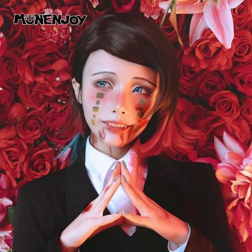 Monenjoy Demon Slayer Enmu Cosplay Wig Brown Red Green Short Cos Hair