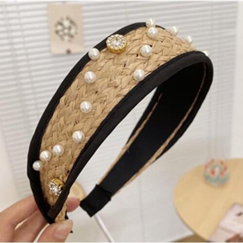 Natural Starw Weaving Plain Headband for Women Handmade Pearls Hairband Adults Rattan Crystals Head Band Ladies Holiday Hairband