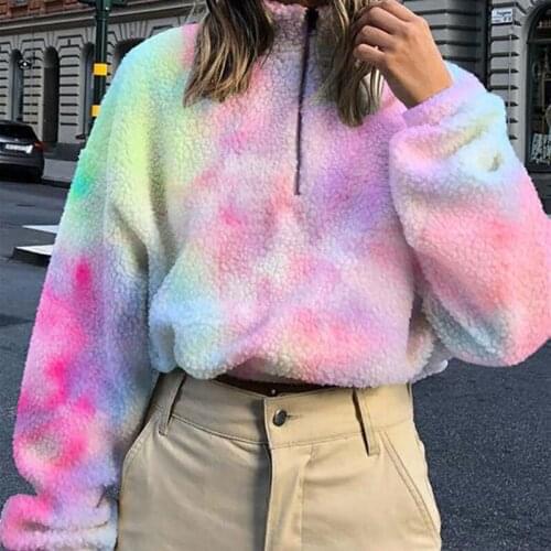 Women Autumn Winter Tunic Fashion Casual Pullover Tie Dye Print Half Placket Fluffy Sweatshirt Long Sleeve Zipper Collar Hoodies