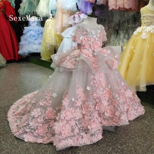 Luxury Flower Girl Dress With 3D Floral Appliques Puffy Tulle Kids Pageant Gowns Custom Made Princess Dress Girls Real Photo