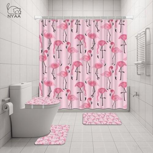Flamingo Shower Curtain Animal Print Pink Bathroom Accessories Toilet Cover&Mat 4 Piece Set with Reinforced Buttonholes