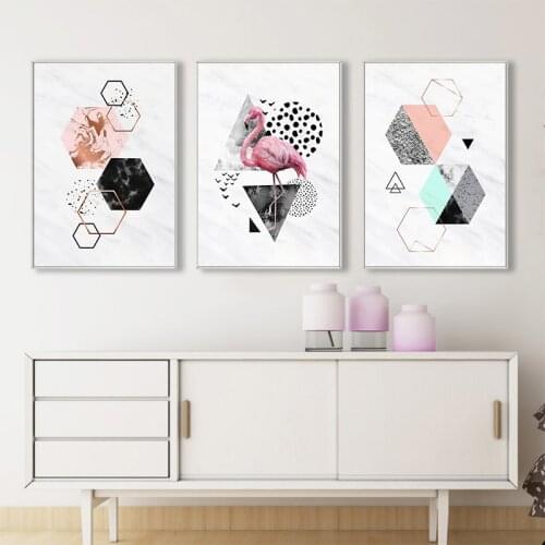 Pink Flamingo Geometric Abstract Canvas Painting Marble Nordic Posters and Prints Decoration Pictures Living room Wall Art Decor