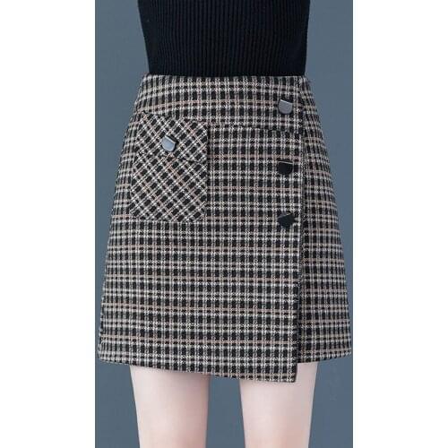 Wool plaid a skirt womens skirt spring and autumn bag skirt 2021 new high waist irregular slim bag hip skirt pleated skirt