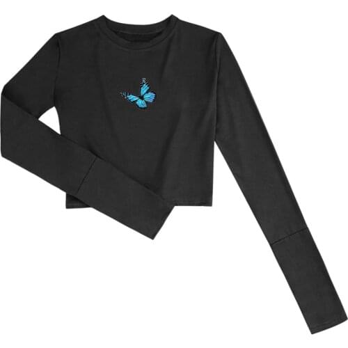 Ulzzang Harajuku Cute Butterfly Cotton Pant Set Fashion Long Sleeve T-shirt for Lady O Neck Sexy Women Tops Clothes Basic Tshirt