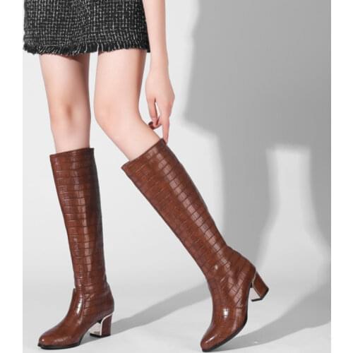 Ochanmeb Size 32 33-43 Womens Crocodile Knee Boots Woman Wide Calf Slip ons Snake Print Long High Boots Female High Heels Shoes