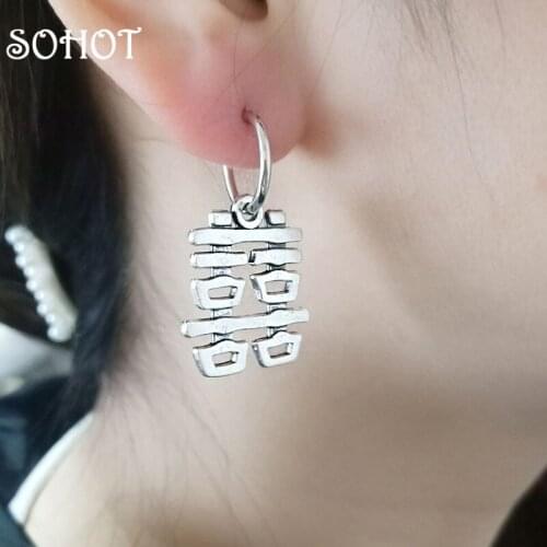SOHOT Vintage Silver Color Alloy Chinese Pendant Women Hoop Earrings Trendy Charming Female Party Jewelry Brincos