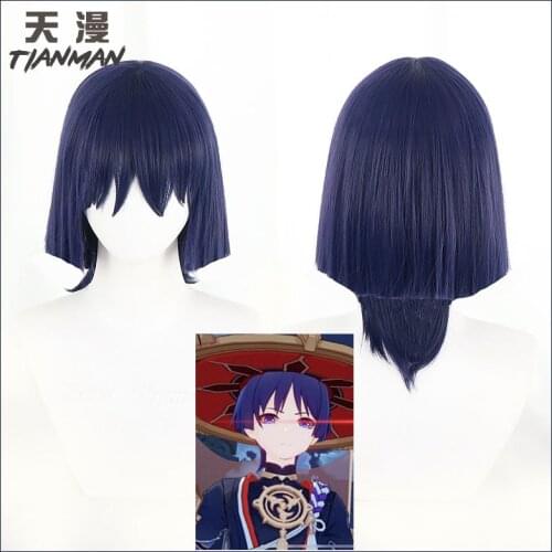 2021 Hot Game Genshin Impact Scaramouche Cosplay Wig Halloween Carnival Custom Hand Made Hair Blue