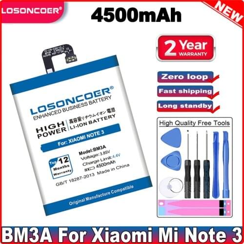 LOSONCOER 4500mAh BM3A Battery For Xiaomi Mi Note 3 Battery High Capacity Phone Batteries+Tools