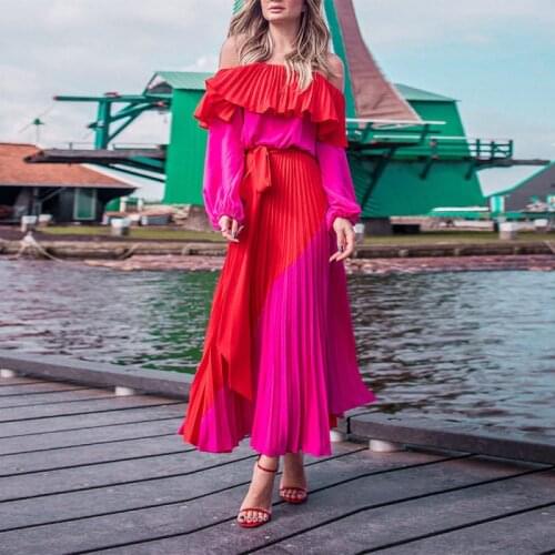 Boho Long Maxi Pleated Dress Women Summer Long Sleeve Sexy Off Shoulder Ruffle Dress Elegant Bow Beach Dresses Vestidos Mujer