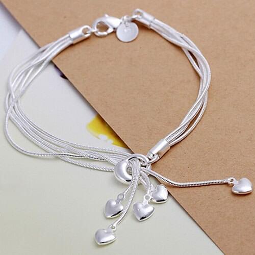 Five Snake Chain Bracelet Heart Pendant Smooth Bead Silver Plated Bracelet Fashion Women Wedding Jewelry