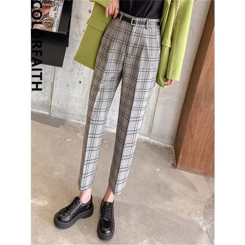 Colorfaith New 2021 Spring Autumn Women Pencil Pants Plaid High Waist Pocket Korean Style Checkered Ankle-Length Pants P1020