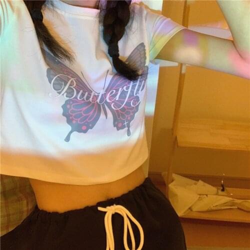 Cotton Summer Women T-shirt Casual Loose Short Sleeve Fashion Butterfly Printed Female Tees Gothic fashion fun korean style y2k