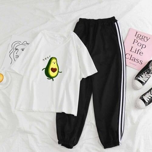 2 Peice Tracksuit Matching Sets Sportswear Two Piece Avocado T Shirt and Striped Trousers Women Loungewear Women Homewear