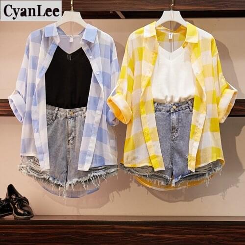 Spring Summer Casual Women Three Piece Sets Plaid Shirt Blouse + Knit Tank Top+Hole Jean Shorts Denim Pants Suit Set 3 Piece Set