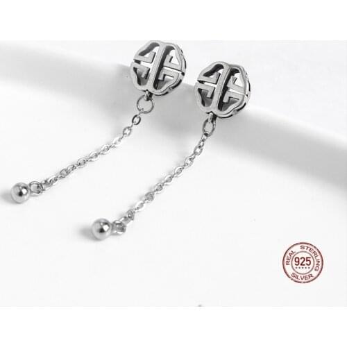 LKO 925 Sterling Silver Round Bead Fine Vintage Jewelry for Women Chinese Wind Hollow Out Longevity Stud Earrings Birthday Gifts