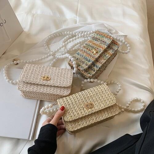 Fashion Women Straw Woven Shoulder Crossbody Bags Casual All-match Messenger Bag Ladies Pearl Chain Mini Flap Handbags Purse