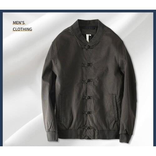 G103 High Quality Men Shirts Traditional Retro Chinese Style Casual Grey Fashion Gentlemen Outwear Stand Collar Long Sleeve Tops