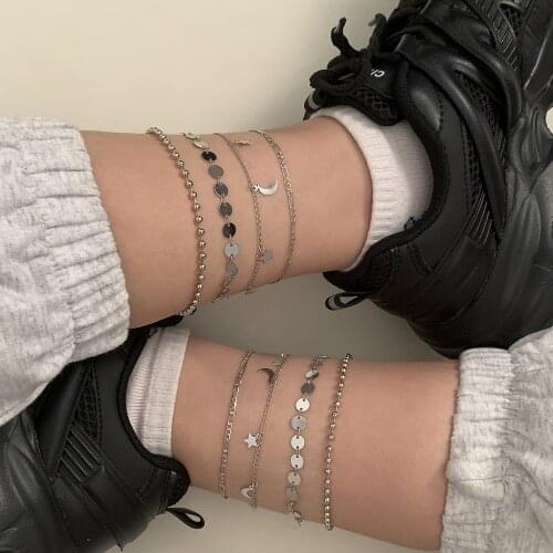 Retro Trend Geometric Tassel Copper Piece Anklet Set Fashion Simple Iron Bead Chain Star and Moon Foot Ornament Wedding Gifts