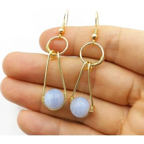 Natural blue lace agates Earrings Wire Winding Crystal Round Beads Dangle Earring gems stone fish Hook Drop earrings for Women