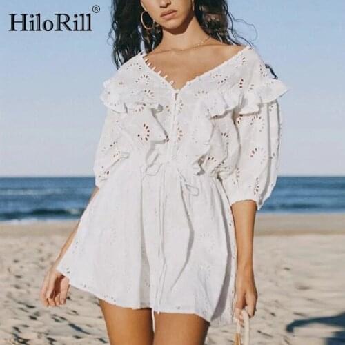 HiloRill Chic Women V Neck Lace White Dress Floral Embroidery Ruffles Mini Dresses Summmer Bow Tie Elastic Waist Beach Sundress