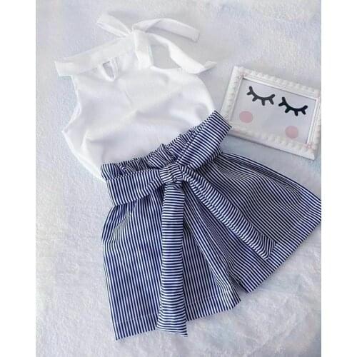 Pudcoco New Toddler Kids Baby Girls Children Clothing White Sleeveless Solid Tops+Striped Shorts 2Pcs Set Clothes 2-7Y Arrival