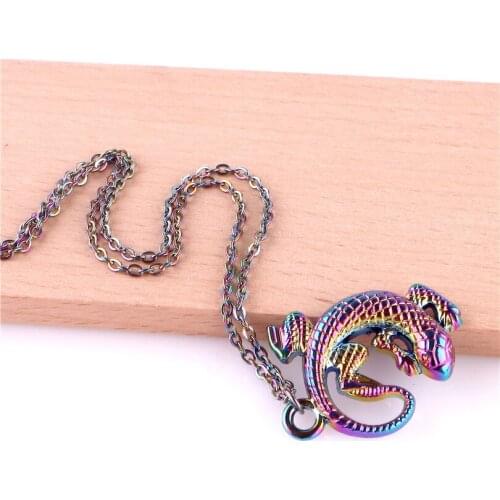 Rainbow Color Steampunk Lizard Pendant Necklace Stainless Steel Chain Jewelry 23327
