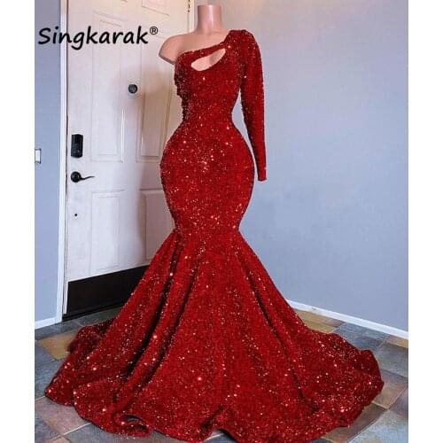 Red Sequin Mermaid Prom Dresses For Black Girls 2021 Plus Size One Shoulder Long Sleeve Sequined Wedding Party Prom Gowns